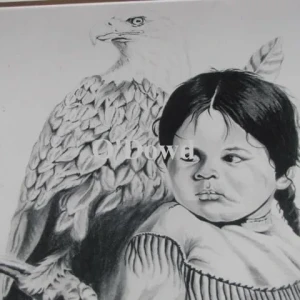 pencil drawing of Native American child with bald eagle